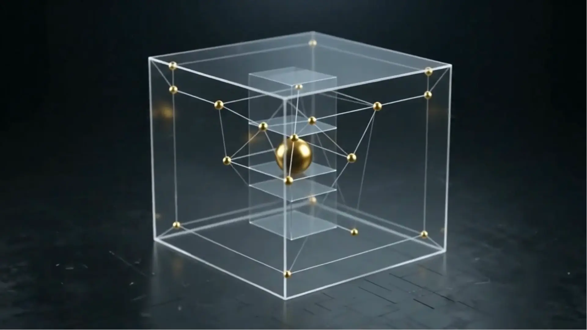 A glass cube resolving around a gold sphere, representing complexity turned into clarity