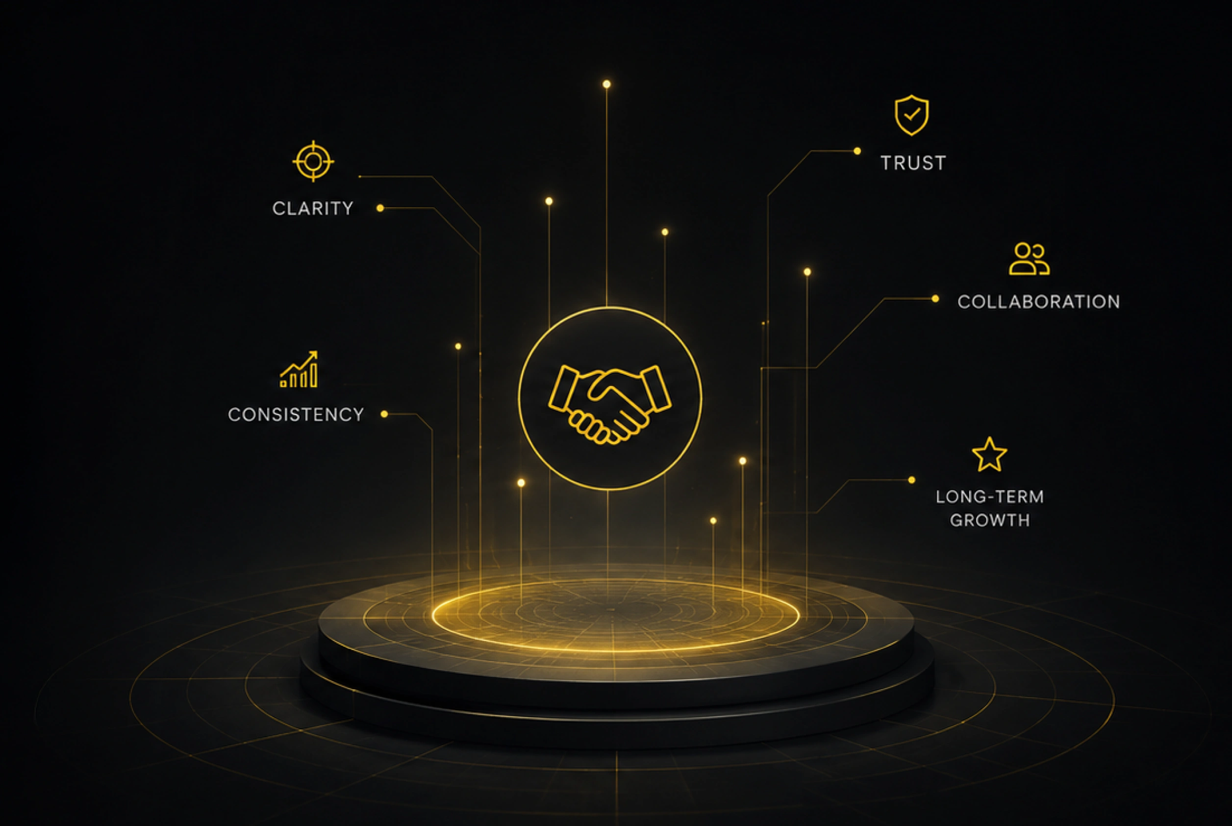 Long-term partnerships illustration with handshake and key values